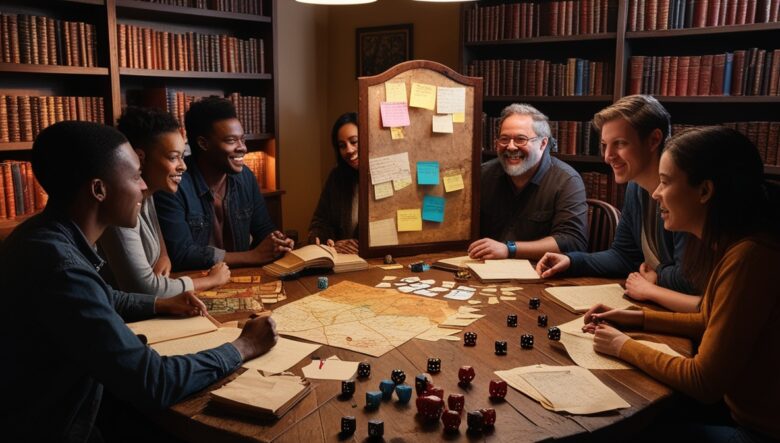 Um grupo de pessoas jogando RPG com várias anotações