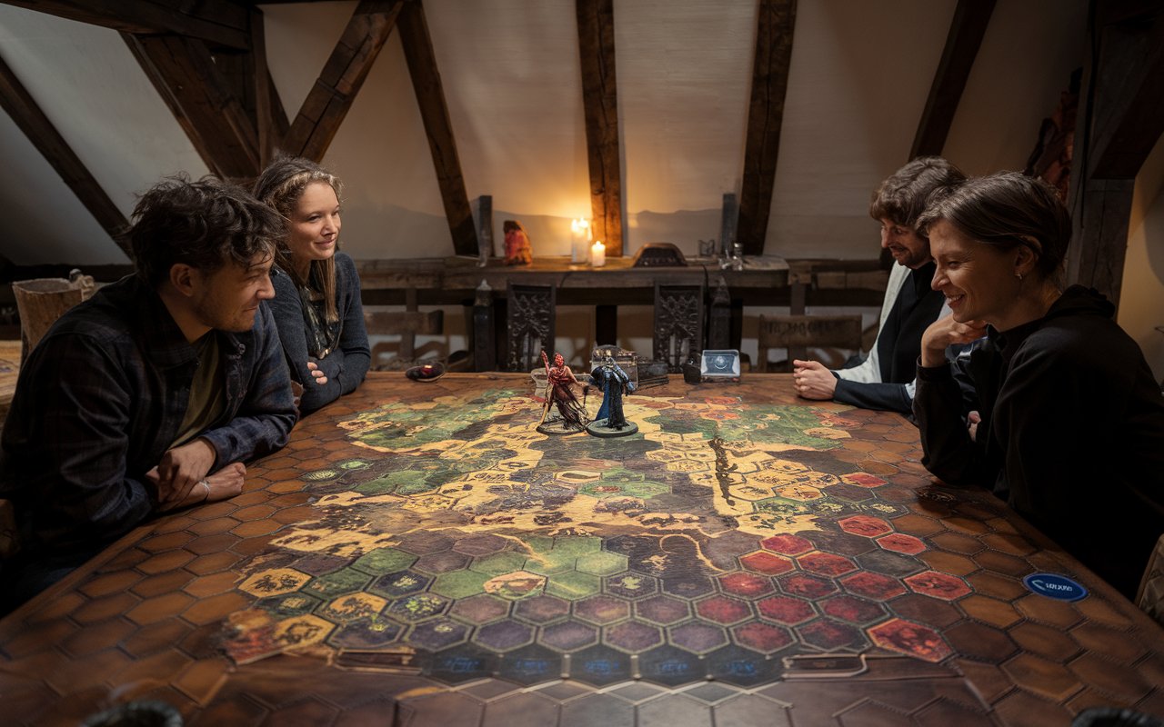 Pessoas em volta de um mapa de hexágonos