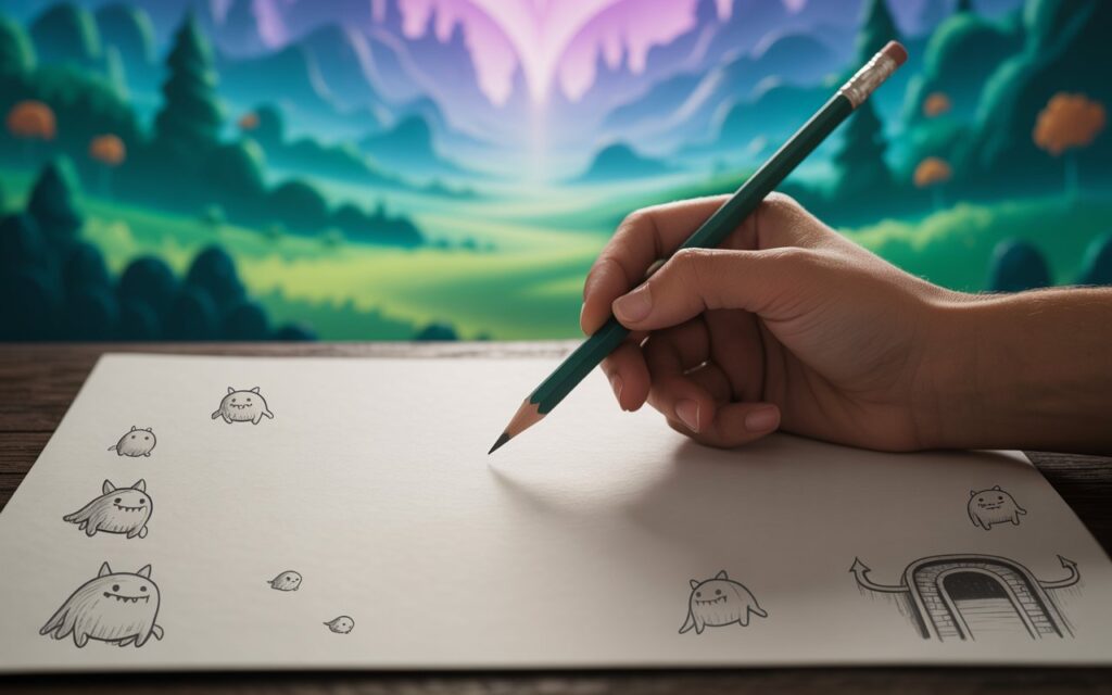 Uma mão segura um lápis sobre uma folha com rabiscos de monstros.